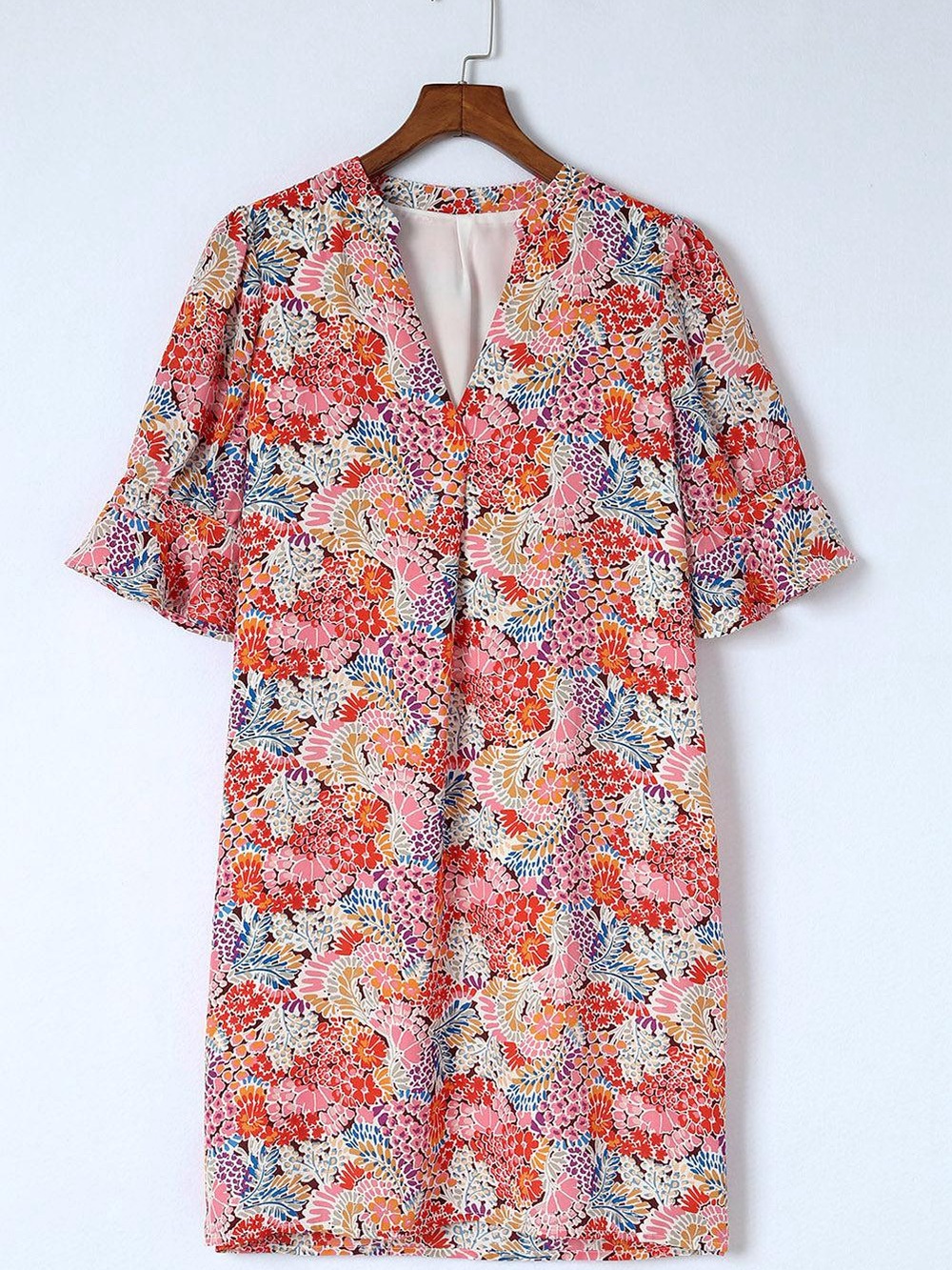 Floral Notched Neck Flounce Sleeve Shift Dress